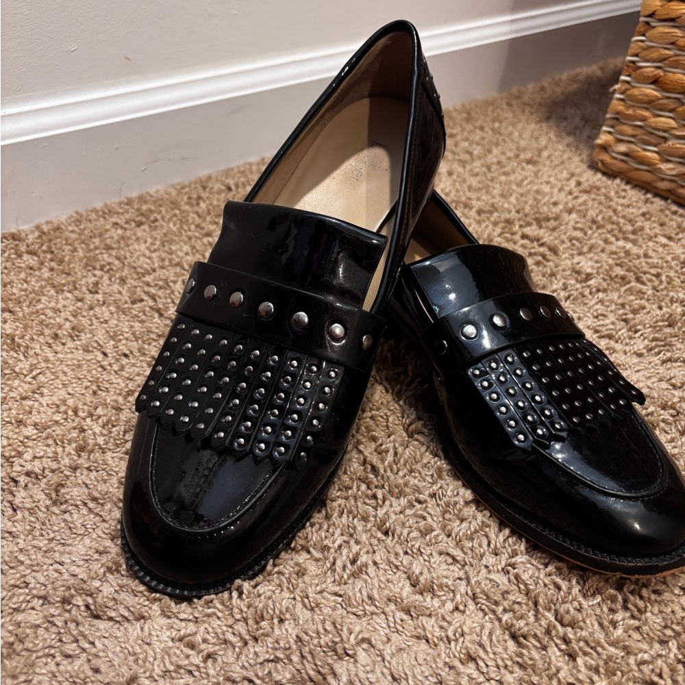 Patent Black Studded Fringe Slip-On Loafers